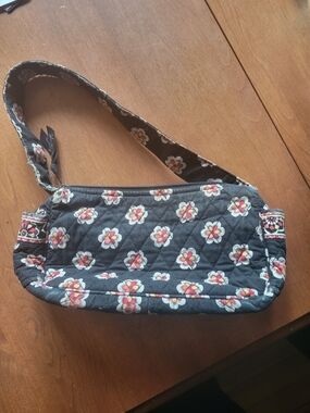 Vera Bradley Quilted Black Shoulder Bag with Pink & Cream Floral Print